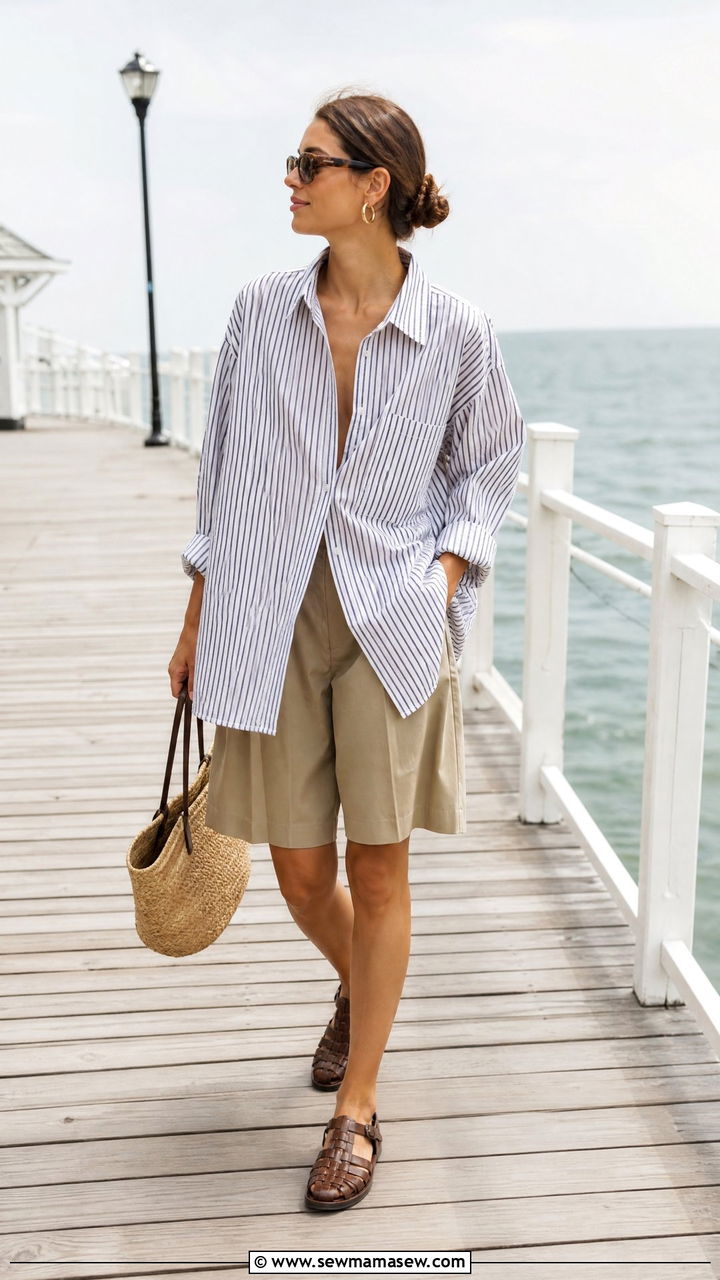Striped Button Down And Bermuda Shorts - 25 Mid April outfit ideas