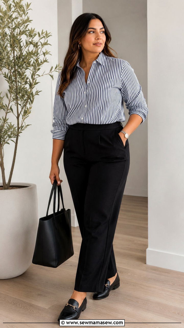 Striped Button Down And Black Tailored Trousers - 30 Minimalist outfits for curvy women