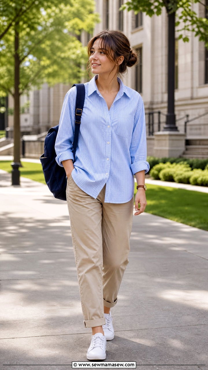 Striped Button Down And Khaki Trousers Outfit - 25 light academia outfits 2026