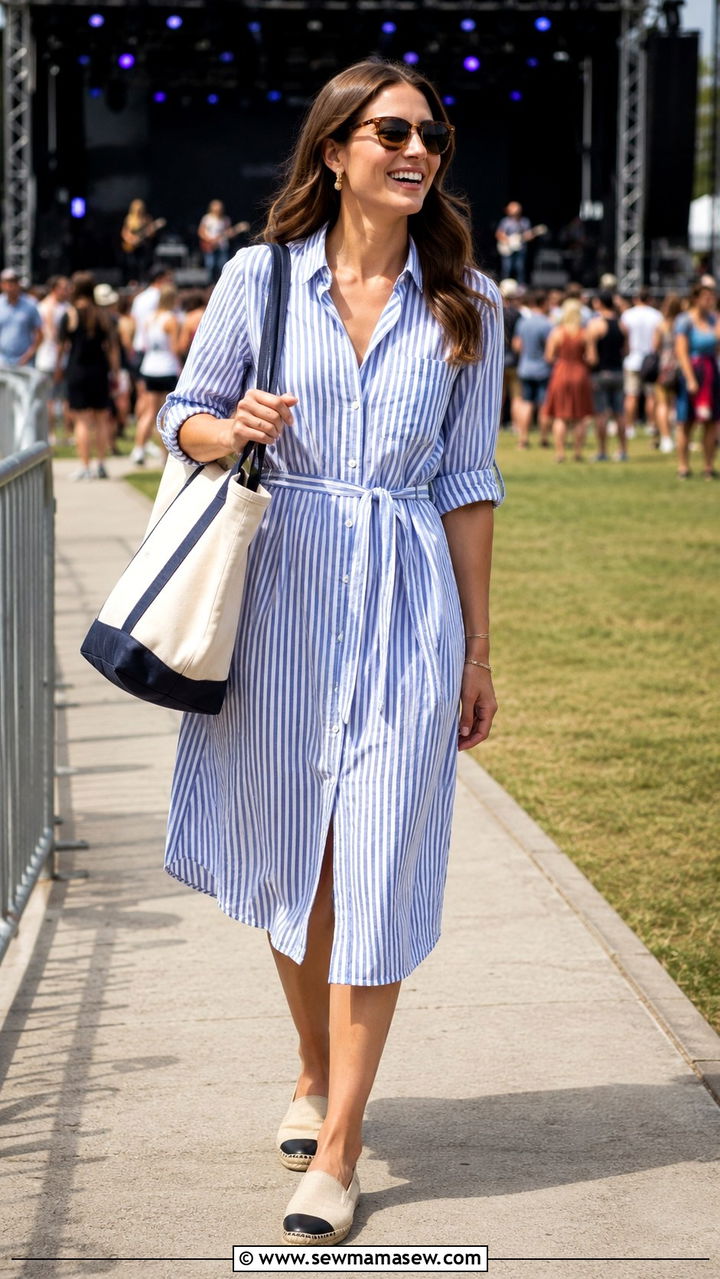 Striped Button Down Shirt Dress With Espadrilles and a Tote - 30 chic summer concert outfits for women