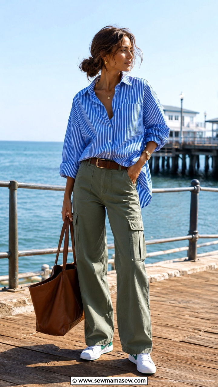 Striped Button Down Shirt With Cargo Jeans And Court Sneakers - 30 Sporty chic outfit ideas with jeans