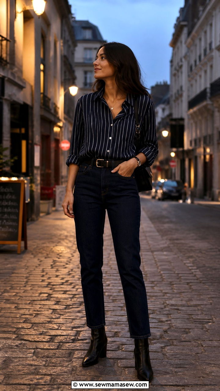Striped Button Down Shirt With Dark Denim And Heeled Boots - 40 What to wear in Amsterdam