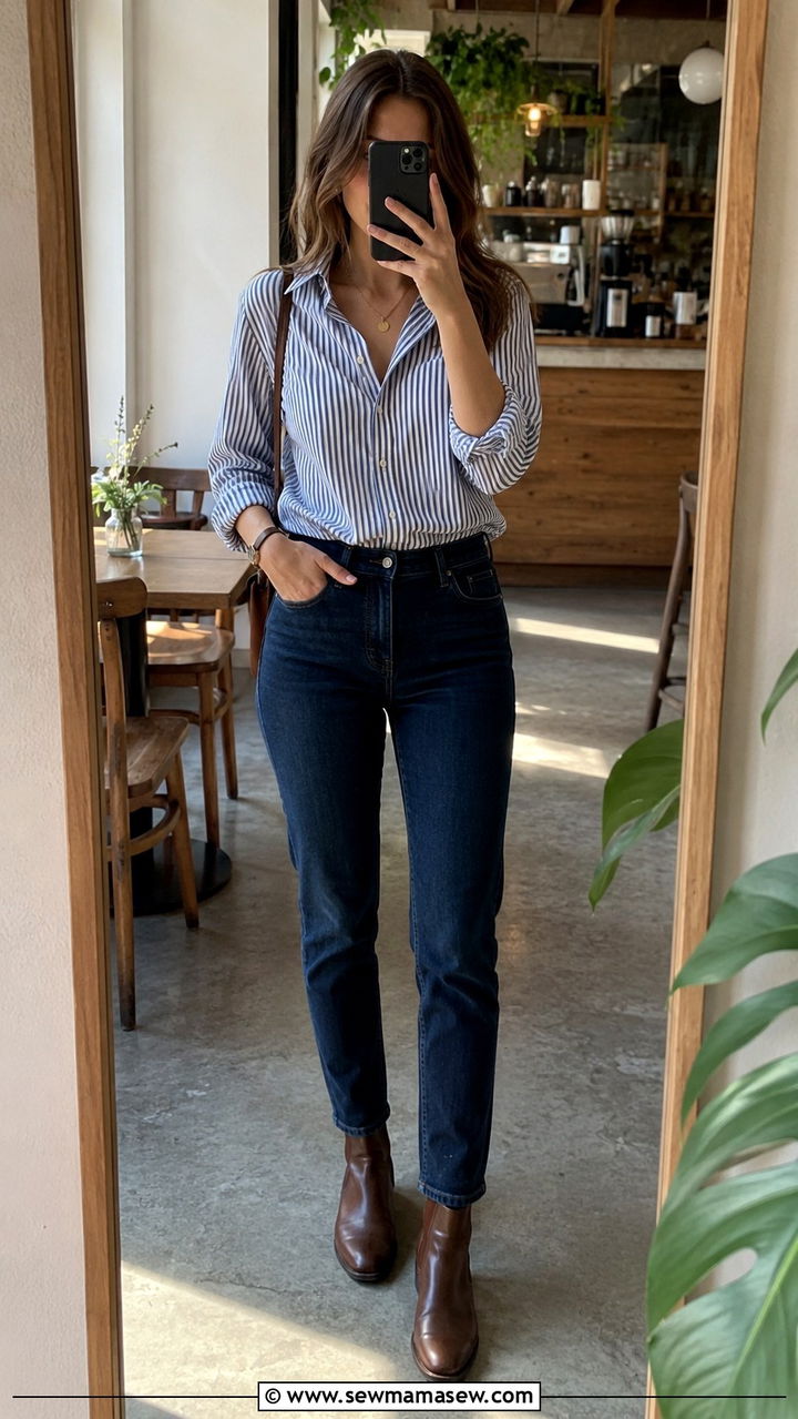 Striped Button Down Shirt With Dark Denim Outfit - 20 Hospitality work outfit ideas