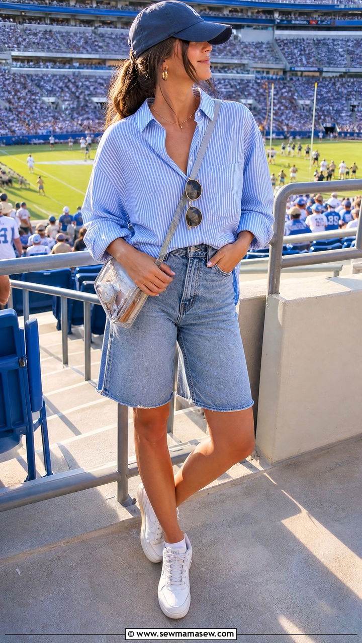 Striped Button Down Shirt With Denim Bermuda Shorts - 35 Gameday outfit ideas 2026