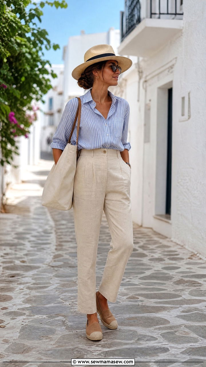 Striped Button Down Shirt With High Waisted Linen Trousers And Wide Brim Panama Hat - 25 Old money outfit ideas with wide brim hat