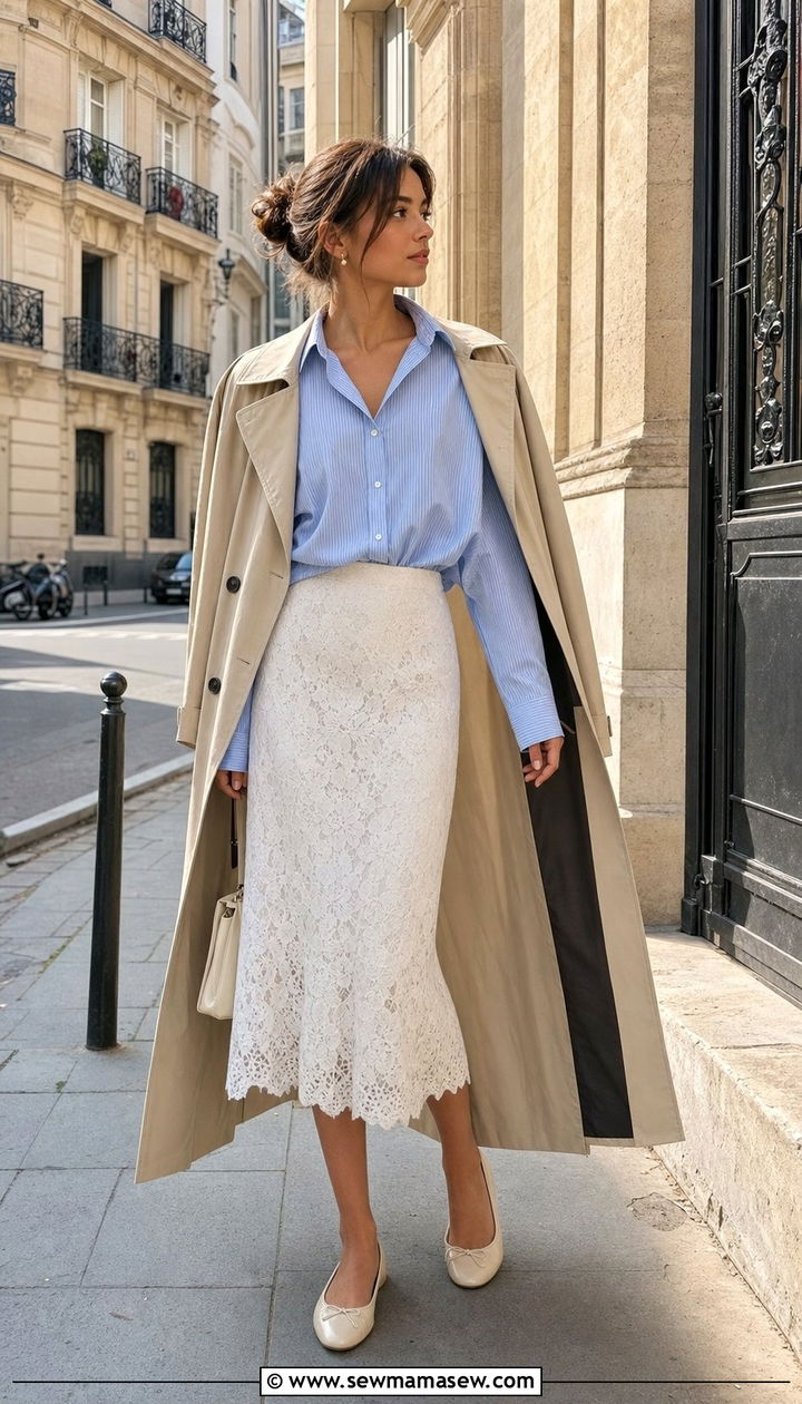 Striped Button Down Shirt With Lace Midi Skirt - 35 April outfit ideas