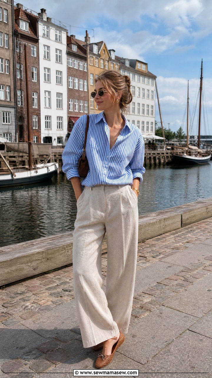 Striped Button Down Shirt With Linen Trousers Outfit - 25 classy Copenhagen outfits