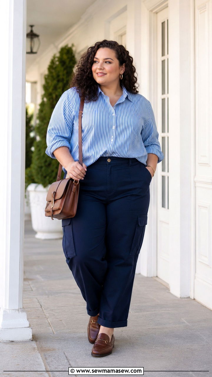 Striped Button Down Shirt With Navy Cargo Pants and Loafers - 30 Plus size outfit ideas with cargo pants
