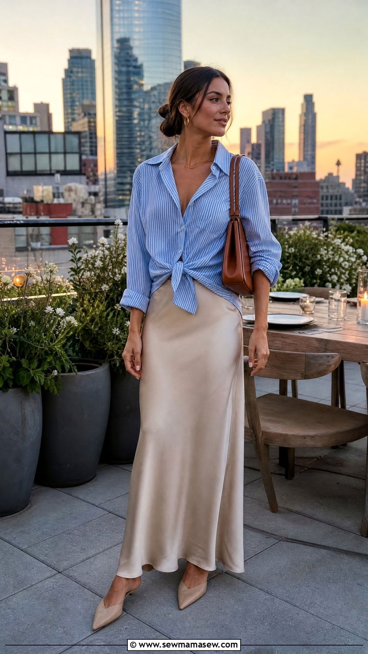 Striped Button Down Shirt With Satin Maxi Skirt Outfit - 30 Summer cozy outfit ideas