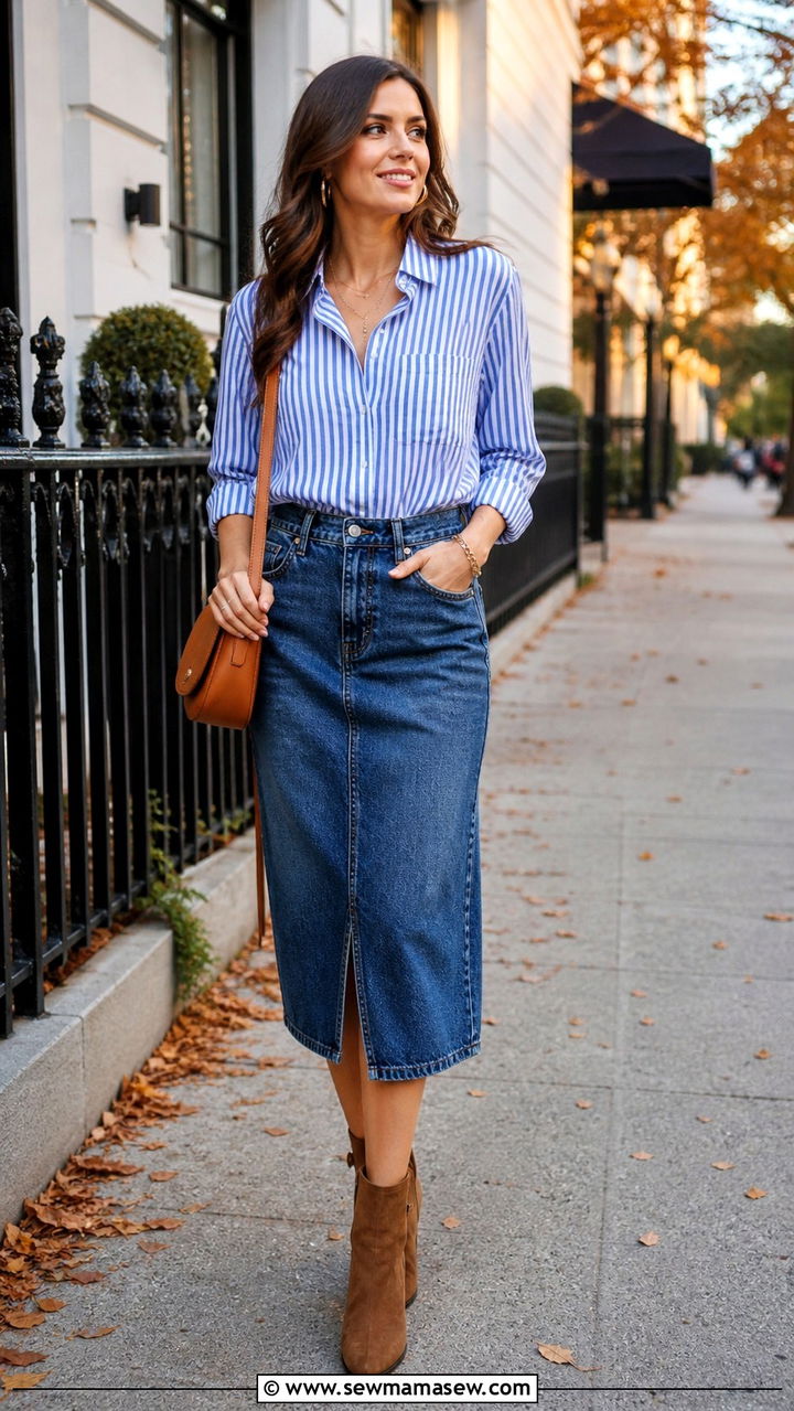 Striped Button Down Shirt and Ankle Boots with Denim Midi Skirt - 40 denim skirt outfits