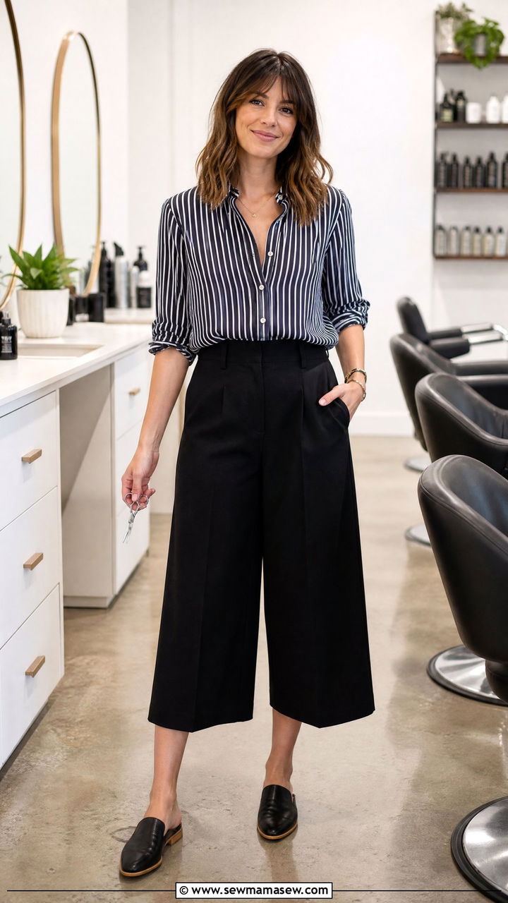 Striped Button Down Shirt and Culottes for Hairstylists - 25 Salon outfit ideas for hairstylist