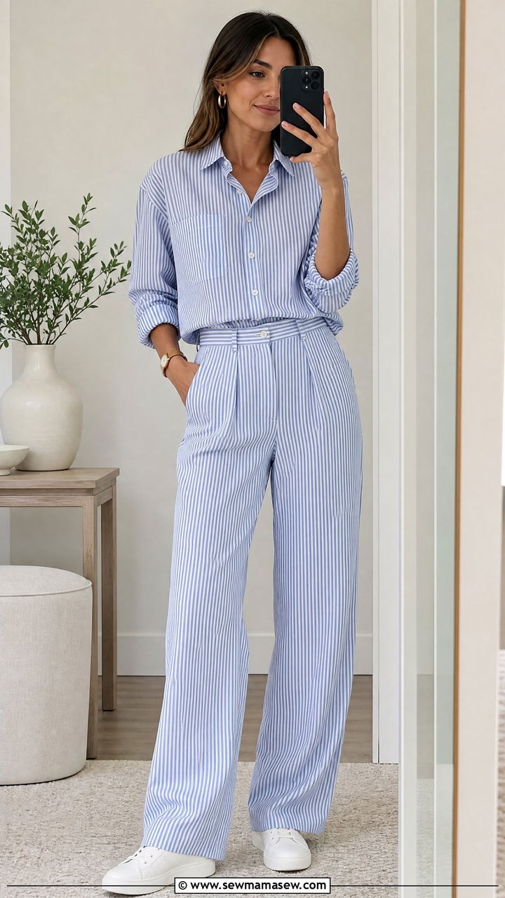 Striped Button Down Shirt and Matching Trousers Set - 30 Matching set outfit ideas for work