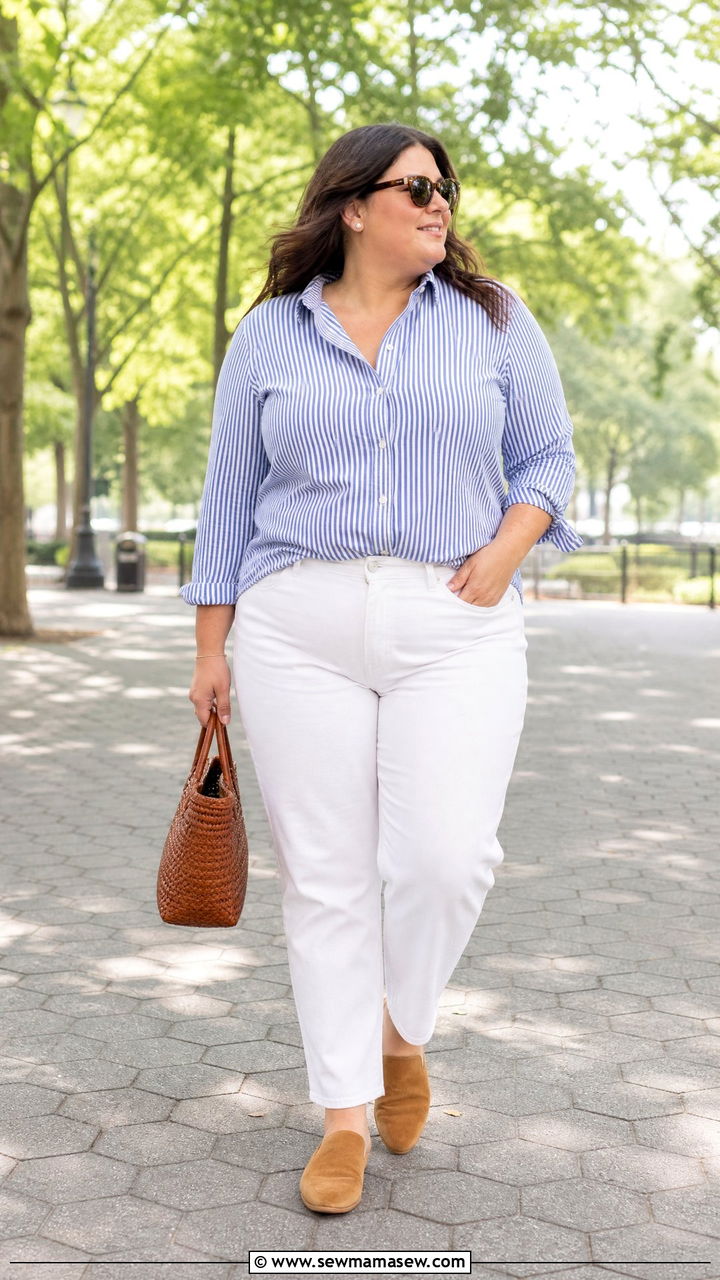 Striped Button Down Shirt and White Jeans Look - 30 Clean girl outfits plus size