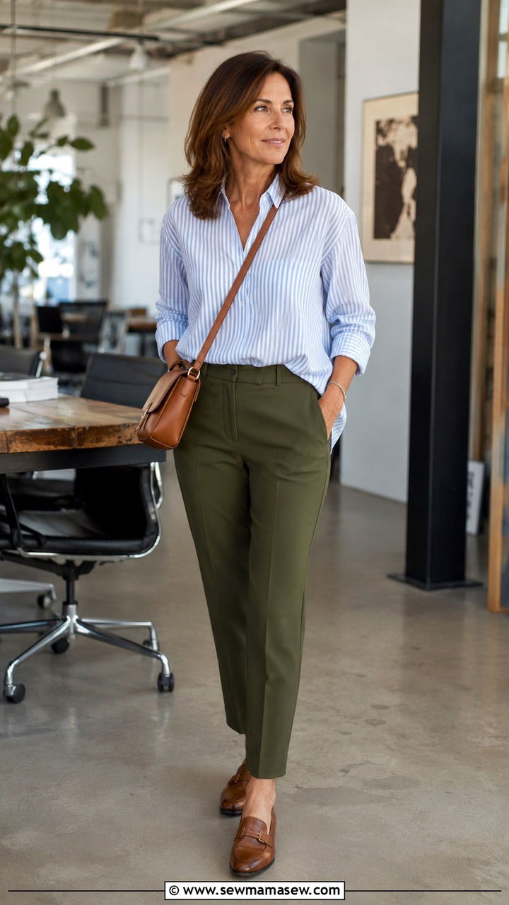 Striped Button Down Shirt with Ankle Trousers and Loafers - 30 office outfits for women over 40