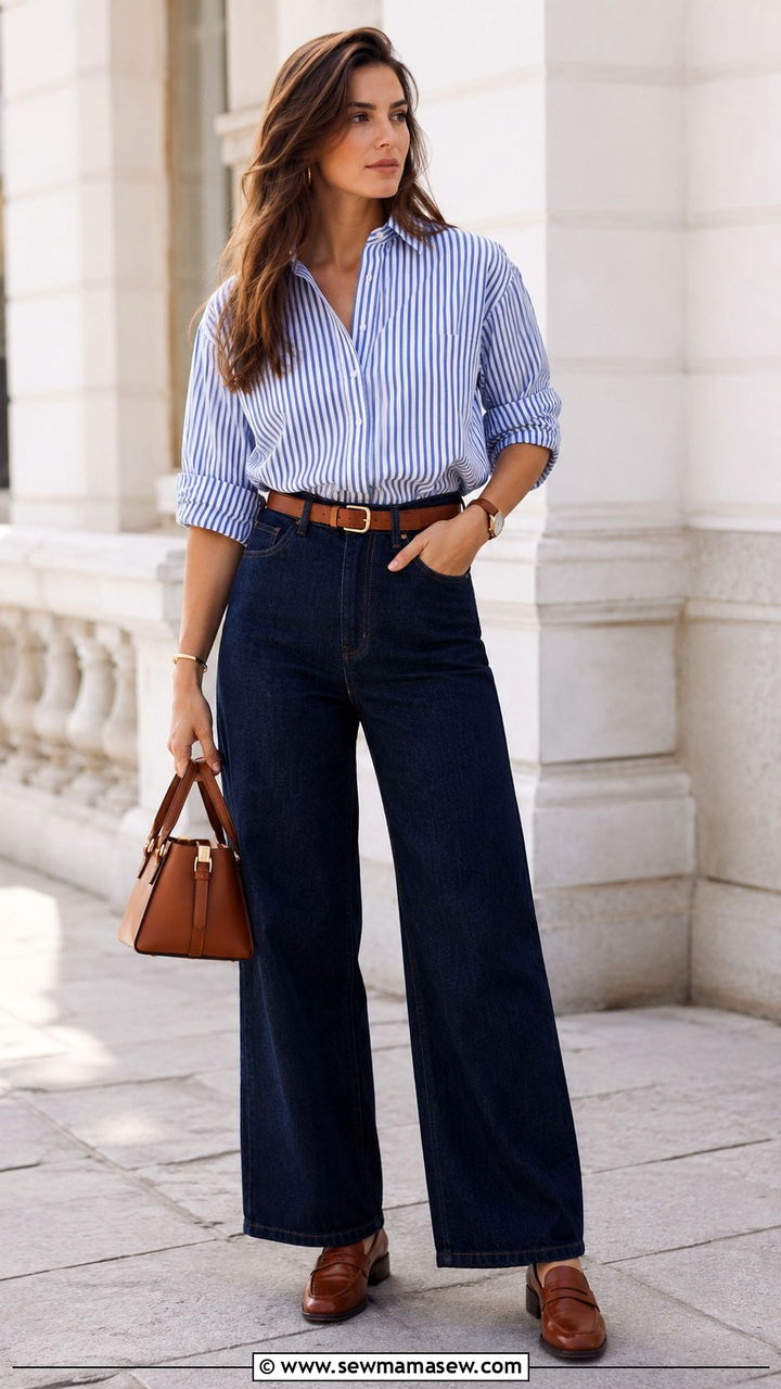 Striped Button Down Shirt with Dark Wash Wide Leg Jeans - 25 Wide leg jeans outfit ideas with a button down