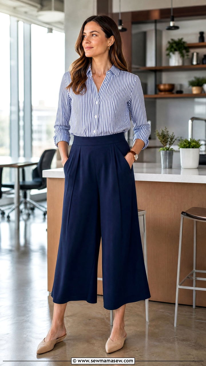 Striped Button Down Shirt with Navy Culottes and Mules - 30 Marketing manager outfit ideas