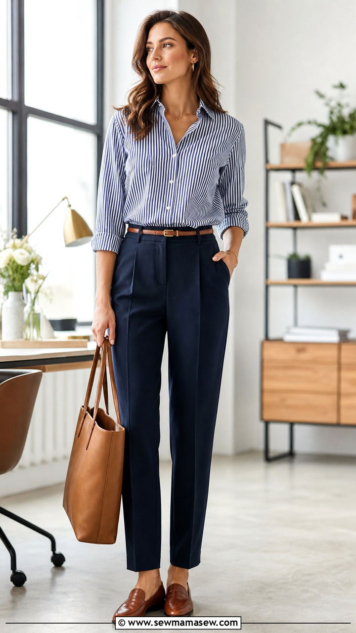 Striped Button Down Shirt with Navy Trousers - 40 classy work outfits