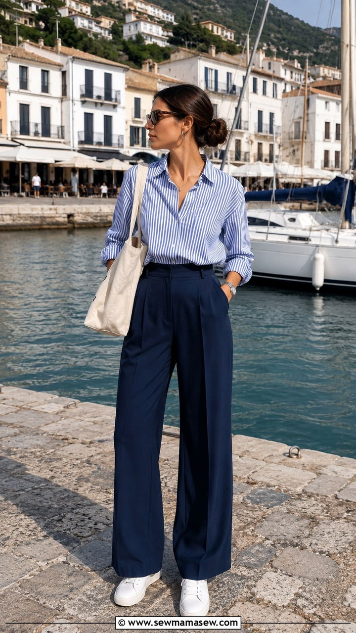 Striped Button Down Shirt with Navy Wide Leg Trousers - 30 classy scandinavian outfit ideas
