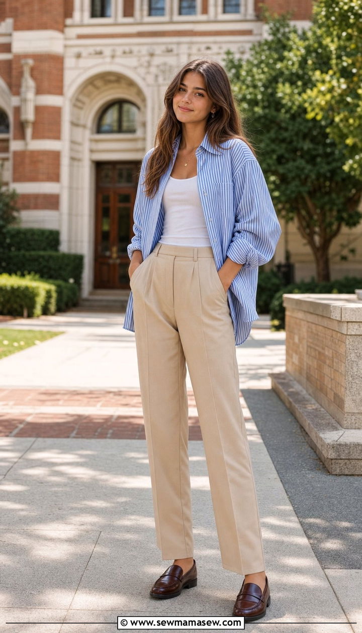 Striped Button Down Shirt with Tailored Trousers and Loafers - 35 Back to school outfit ideas for teens 2026