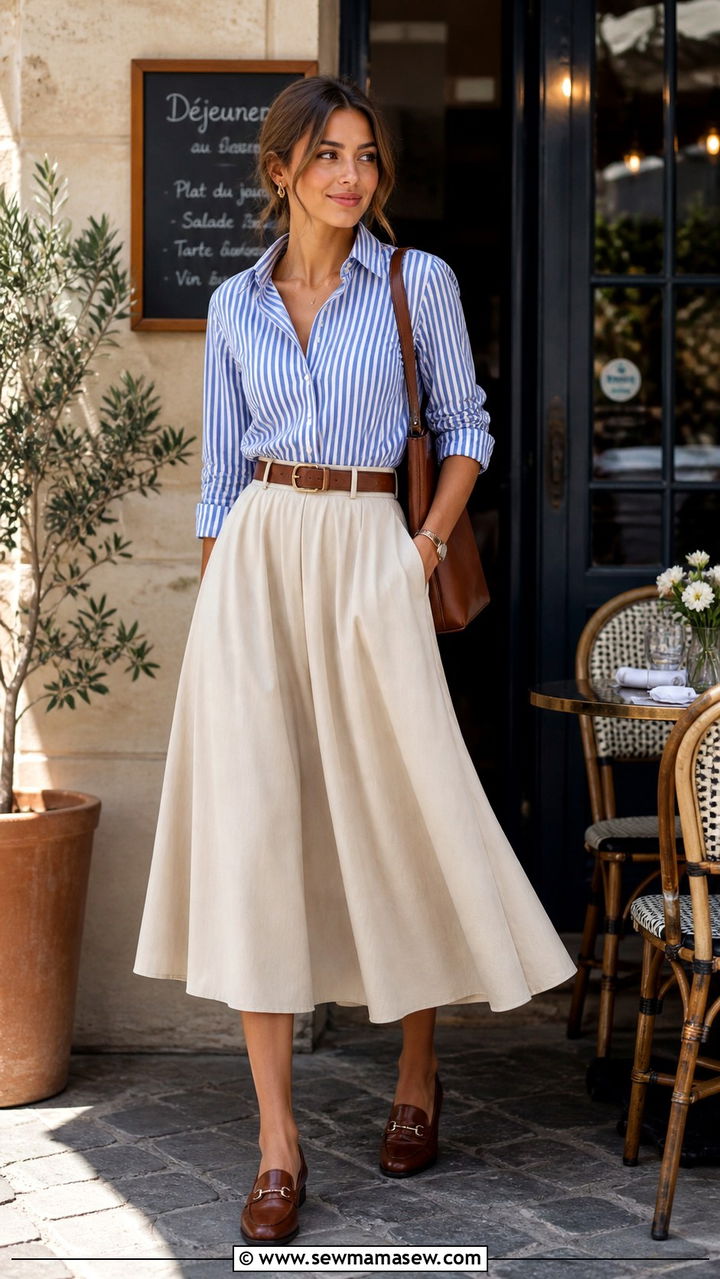 Striped Button Down Tucked Into Midi Skirt - 40 Mother's Day outfit ideas