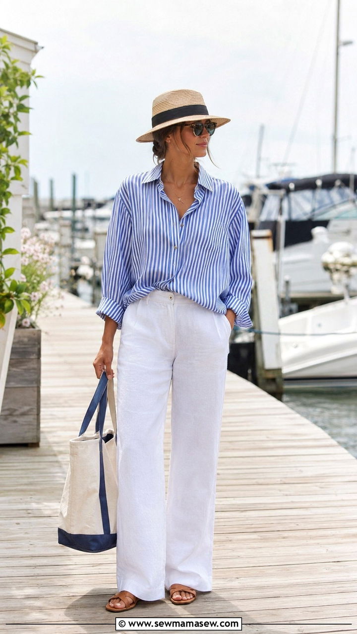 Striped Button Down White Linen Pants Hamptons Outfit - 30 Old money outfit ideas for the Hamptons