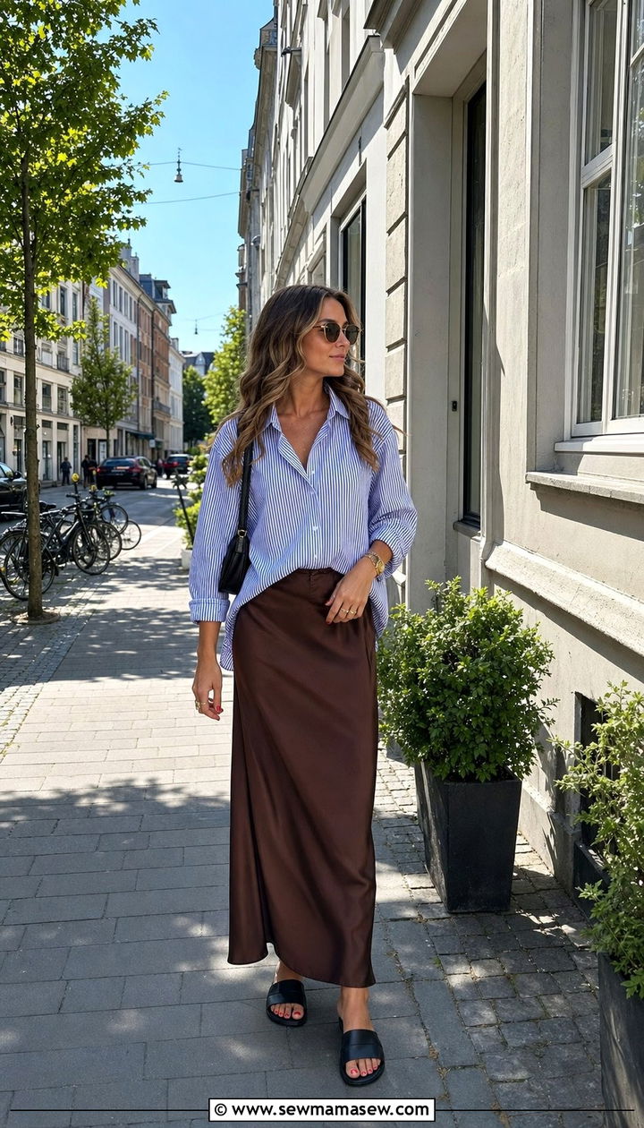 Striped Button Down With A Satin Maxi Skirt - 25 cute Copenhagen outfits