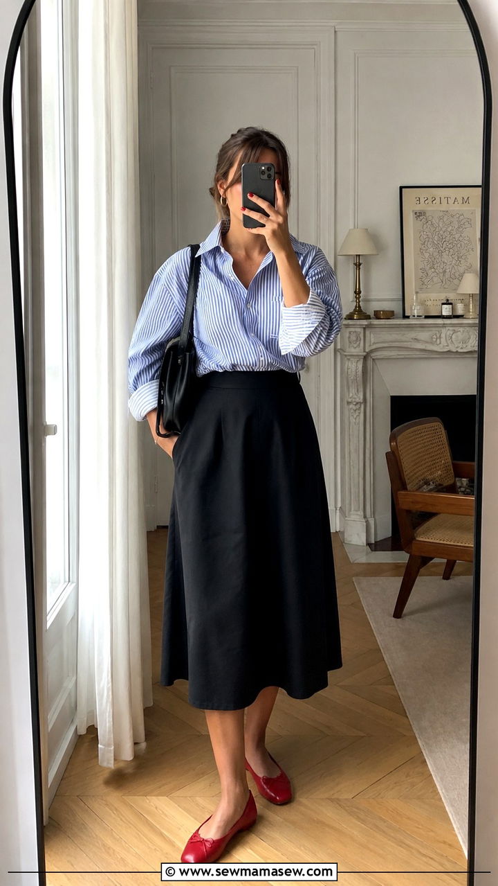Striped Button Down With Black Midi Skirt - 30 Midi skirt outfit ideas with a button down