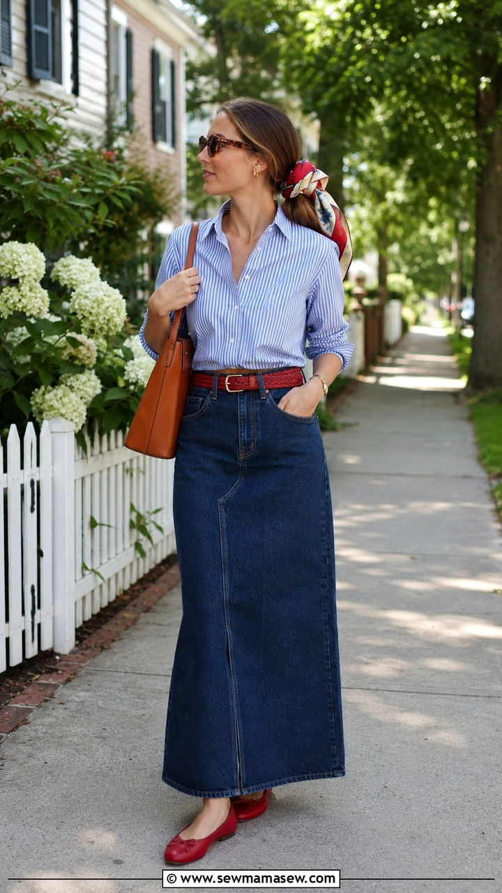 Striped Button Down With Denim Maxi Skirt - 30 Maxi skirt outfit ideas with a button down
