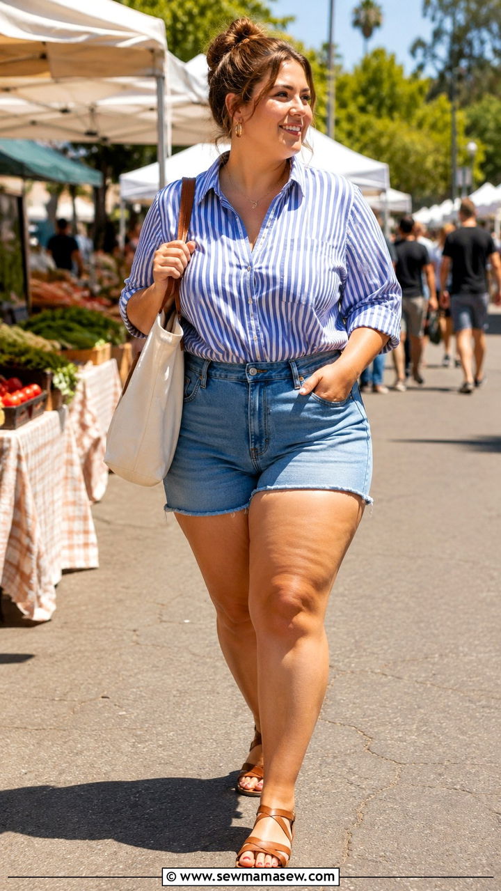 Striped Button Down With Denim Shorts - 30 Plus size outfit ideas 2026