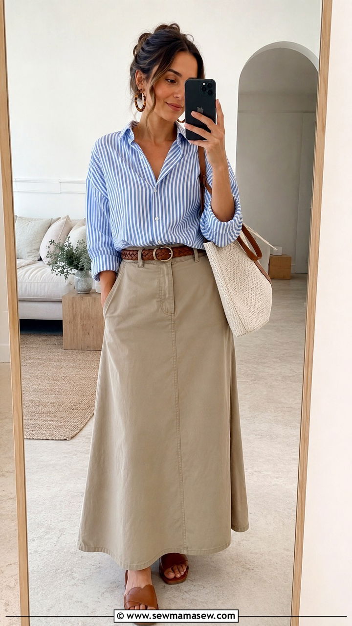 Striped Button Down With Khaki Maxi Skirt - 30 Maxi skirt outfit ideas with a button down