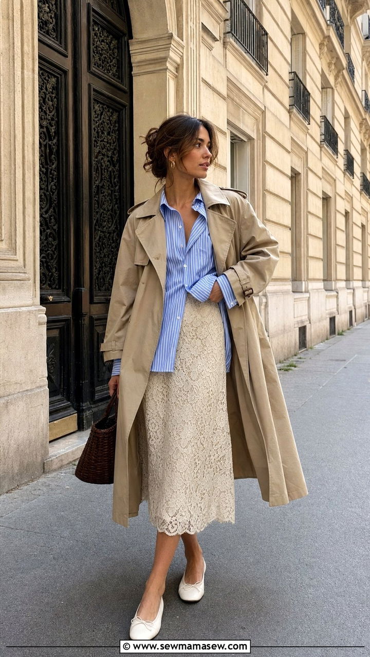 Striped Button Down With Lace Midi Skirt and Trench Coat - 25 Early April outfit ideas