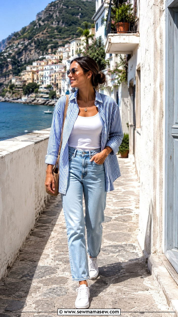 Striped Button Down With Mom Jeans and White Sneakers - 30 Mom jeans outfit ideas with white sneakers