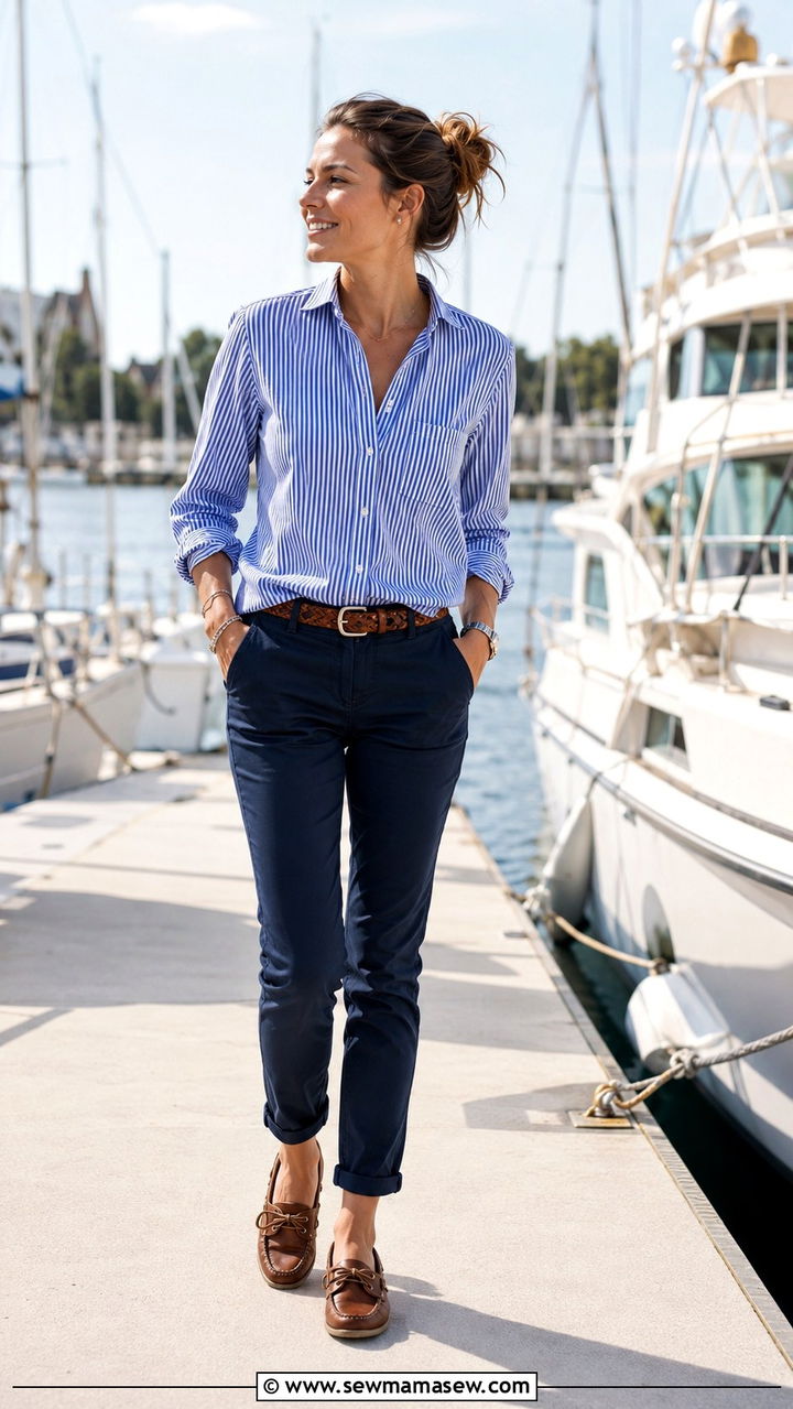 Striped Button Down With Navy Chinos And Boat Shoes - 30 Preppy work outfits
