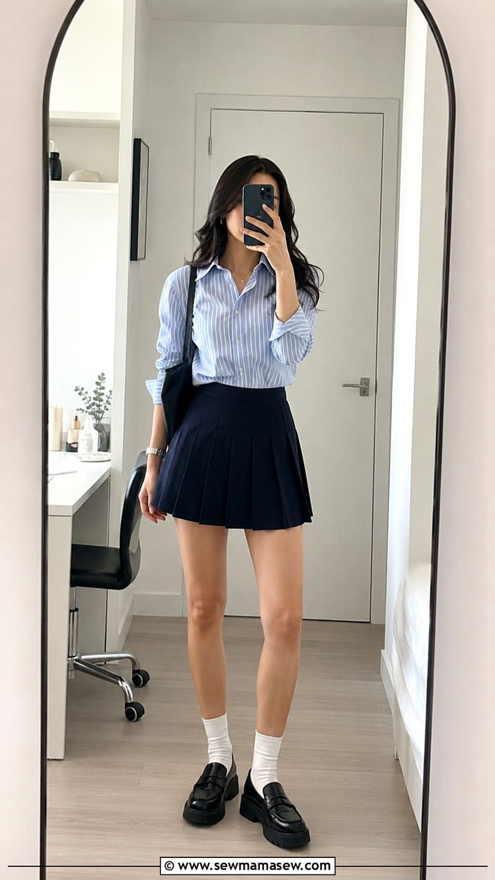 Striped Button Down With Navy Pleated Mini Skirt And Loafers - 30 Pleated skirt outfit ideas with a button down