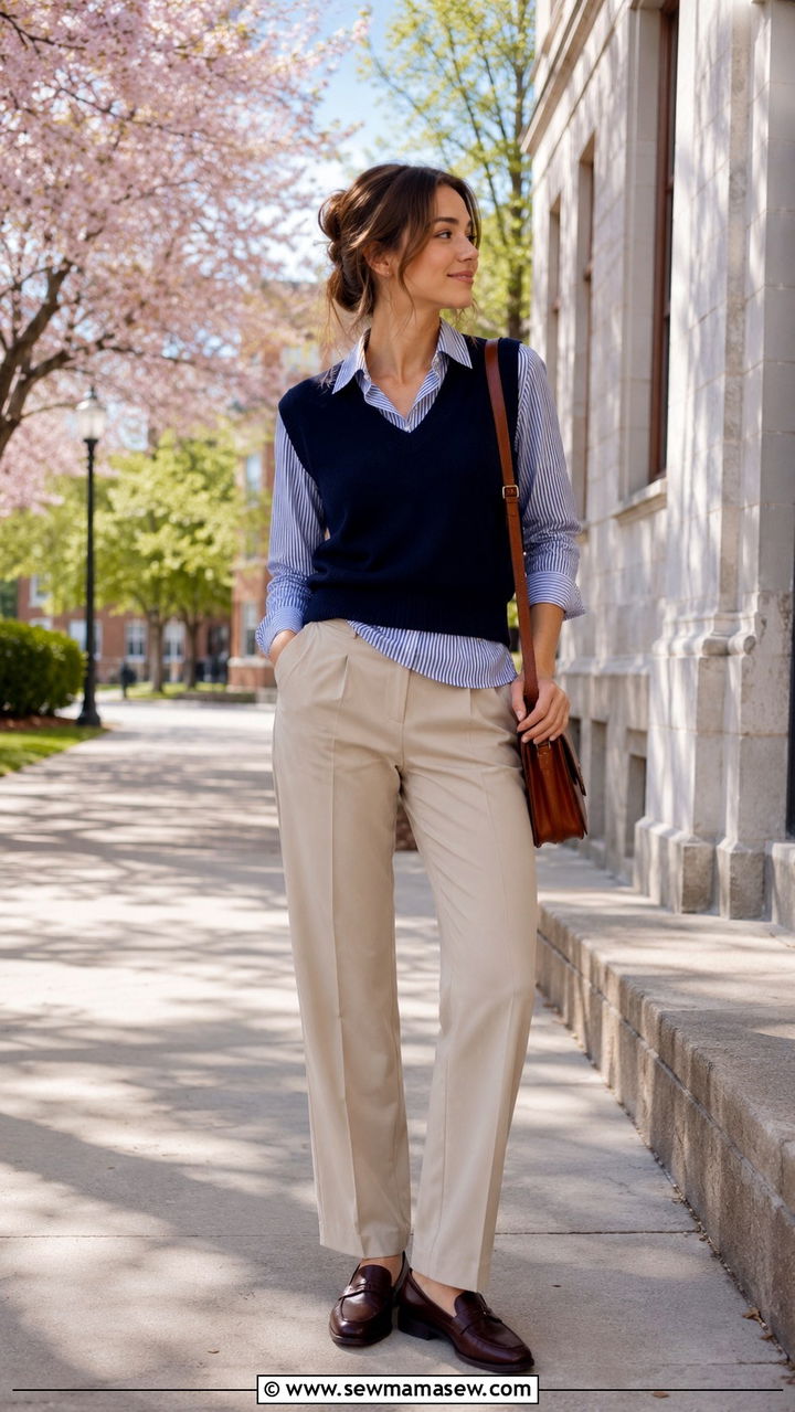 Striped Button Down With Navy Sweater Vest And Beige Trousers - 30 light academia outfits inspo