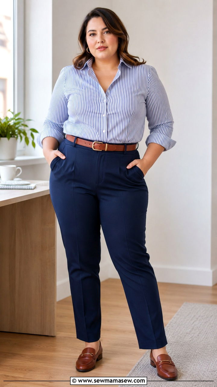 Striped Button Down With Navy Tailored Trousers - 25 Plus size work outfit ideas 2026