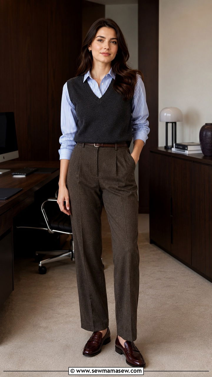 Striped Button Down With Sweater Vest And Wool Trousers - 20 Eclectic grandpa outfit ideas for work