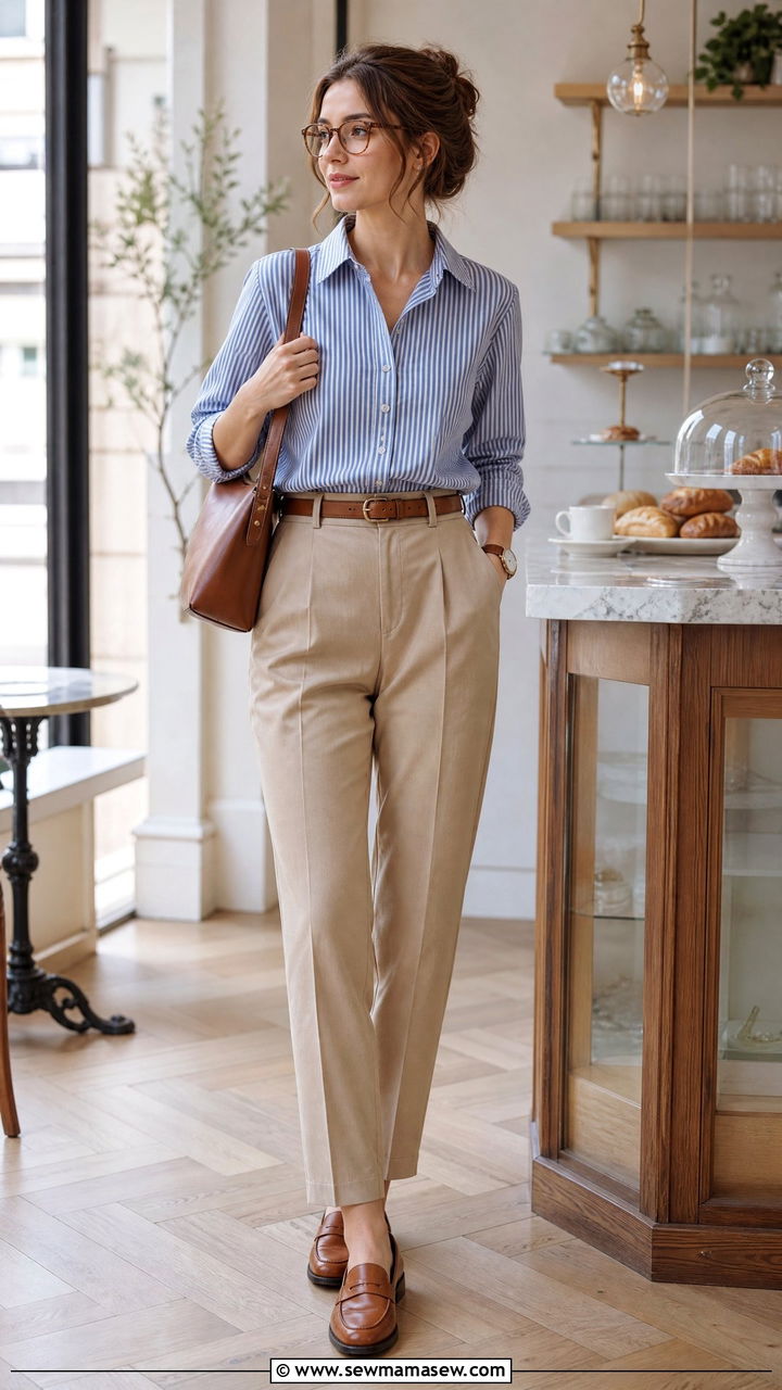 Striped Button Down With Tailored Trousers And Loafers - 25 classy librarian core outfits