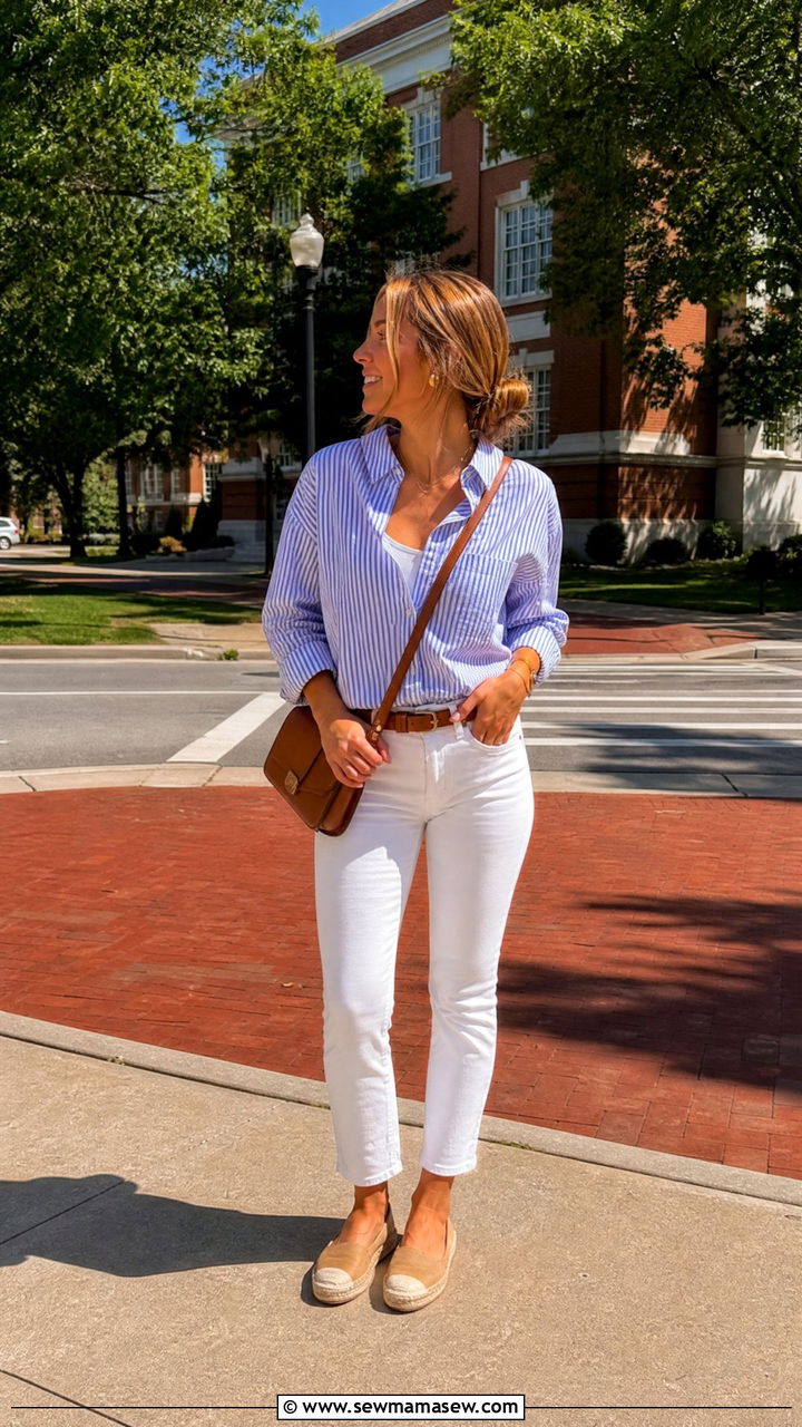Striped Button Down With White Jeans And Sandals Outfit - 25 Rush week outfit ideas day 2