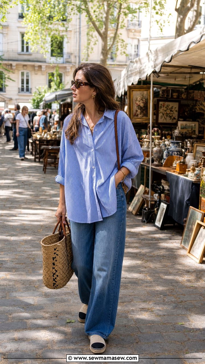 Striped Button Down With Wide Leg Jeans And Espadrilles - 25 Spring week in Paris outfits