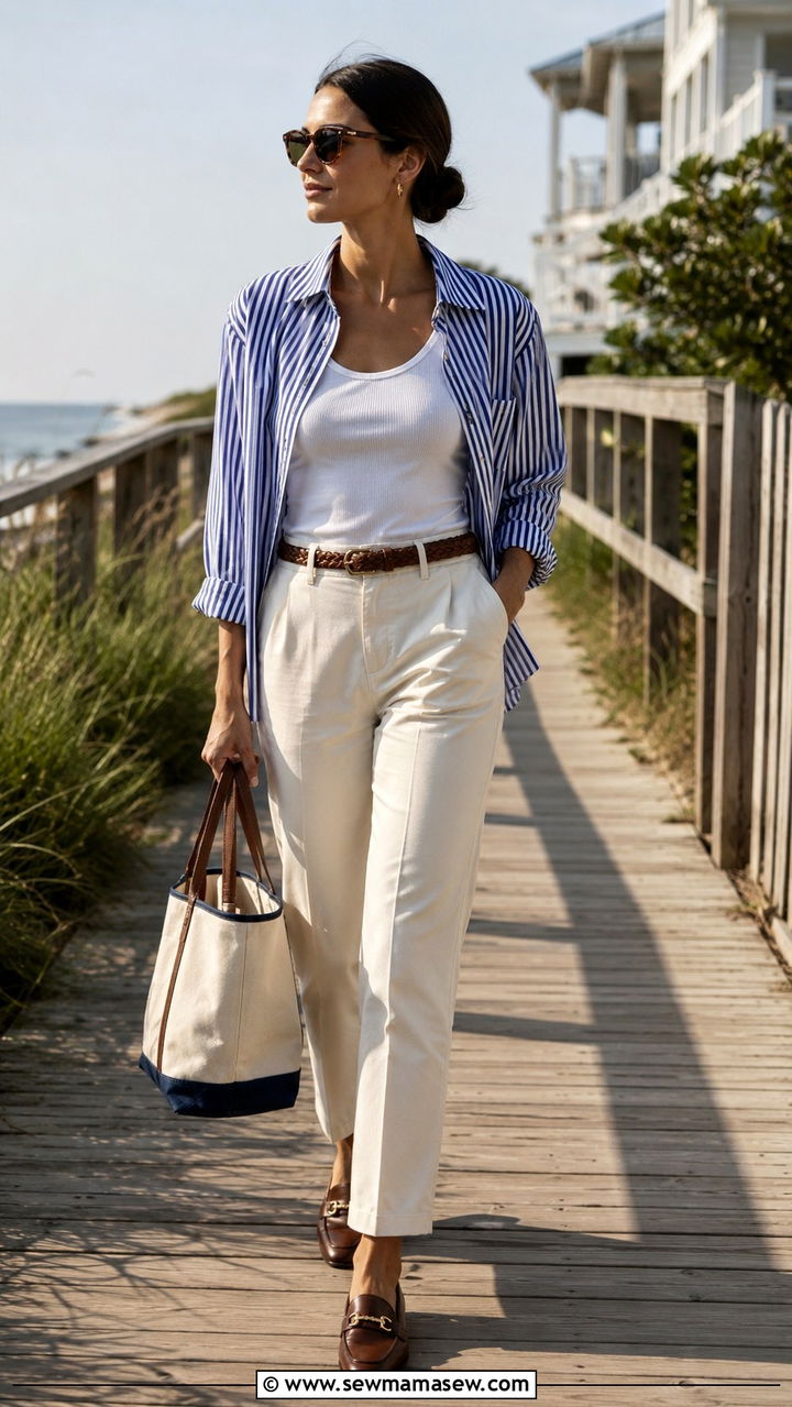 Striped Button Down and Cream Chinos With Gucci Loafers - 25 Old money outfit ideas with Gucci loafers
