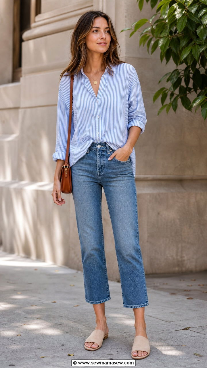 Striped Button Down and Cropped Jeans Outfit - 30 Cute outfits for women over 40