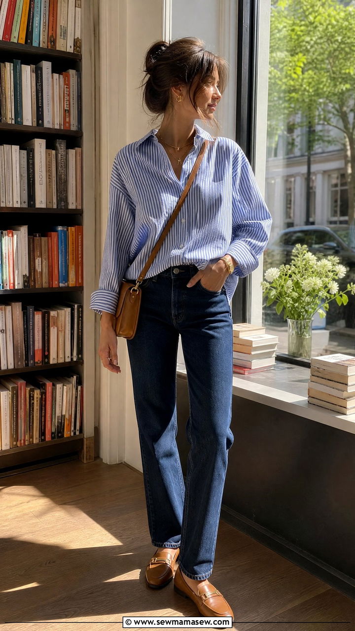Striped Button Down and Dark Wash Jeans - 30 clean girl outfits inspo