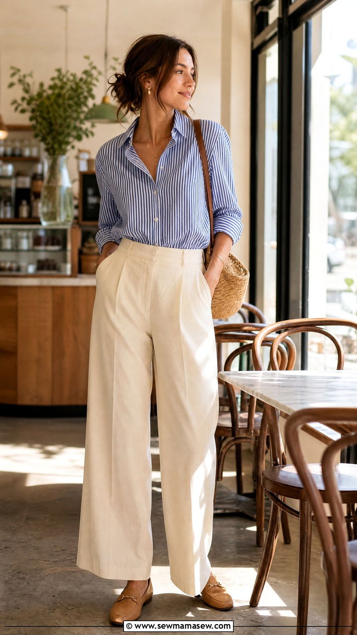 Striped Button Down and High Waist Cream Trousers - 25 CEO outfit ideas for women