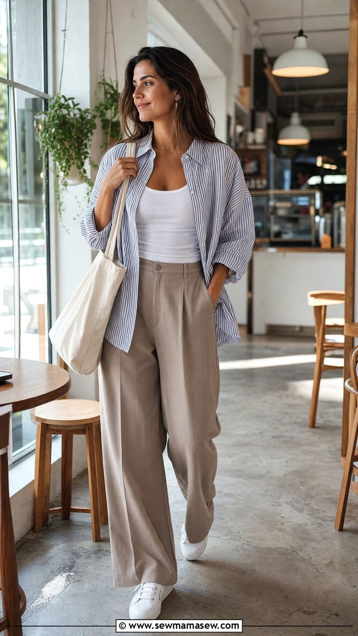 Striped Button Down and Relaxed Trousers Outfit - 25 Effortless spring outfit ideas 2026
