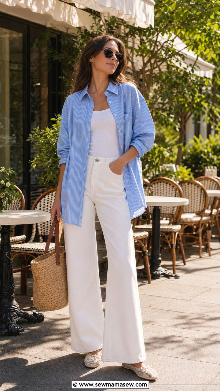 Striped Button Down and White Wide Leg Jeans - 35 April outfits for women