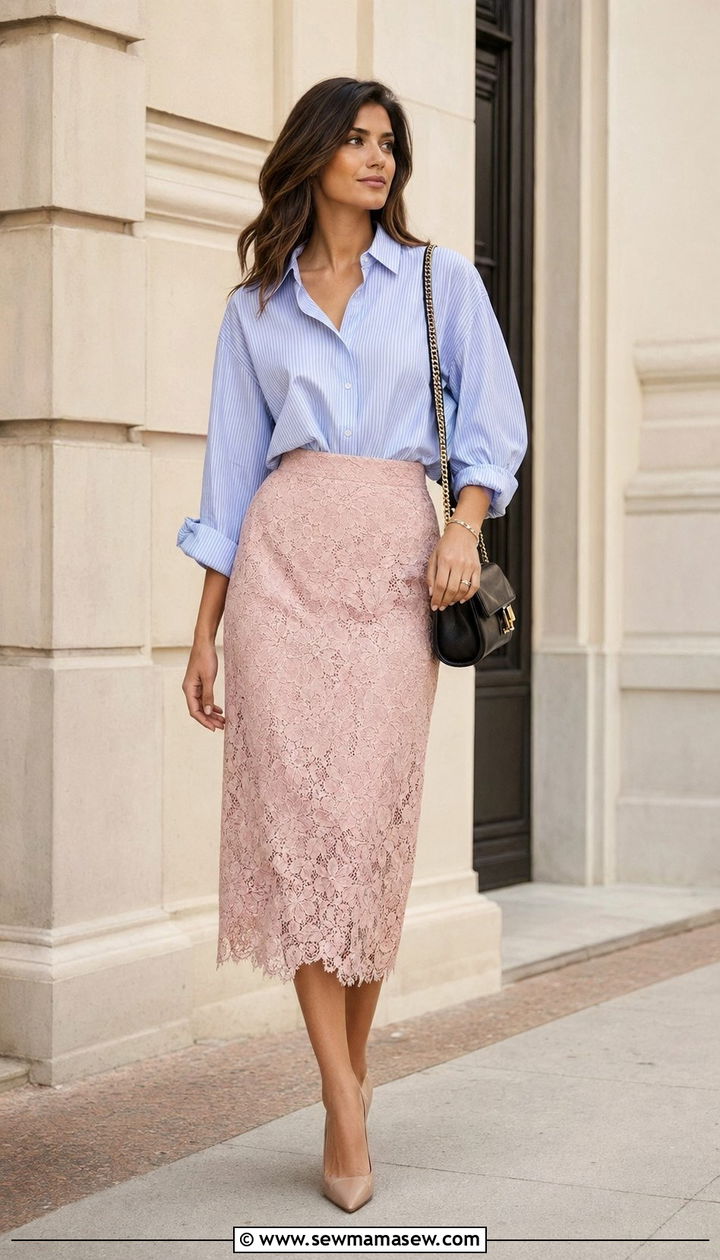Striped Button Down and a Lace Midi Skirt - 35 April outfits for women