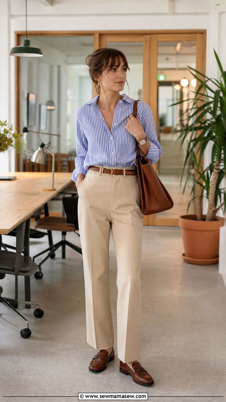Striped Button Down with Beige Trousers and Penny Loafers - 30 French girl outfit ideas minimalist