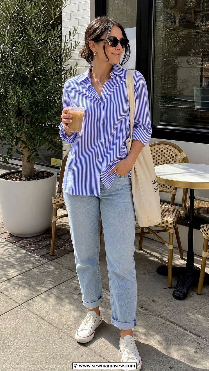 Striped Button Down with Boyfriend Jeans - 25 Brunch outfits with jeans