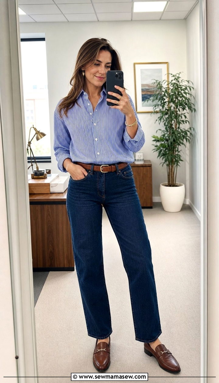 Striped Button Down with Dark Jeans and Loafers - 35 casual Friday outfit ideas